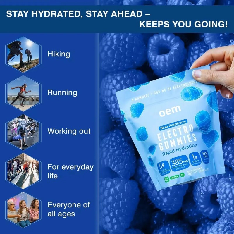 Raspberry Electrolyte Gummy Candy Improves Energy Endurance, Muscle Endurance and Hydration for Adults