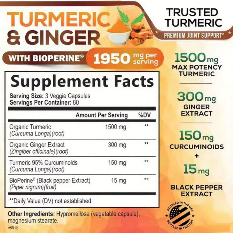 Turmeric Curcumin Capsules Curcuminoids Black Pepper Vegan Joint Support Organic Ginger Turmeric Capsules