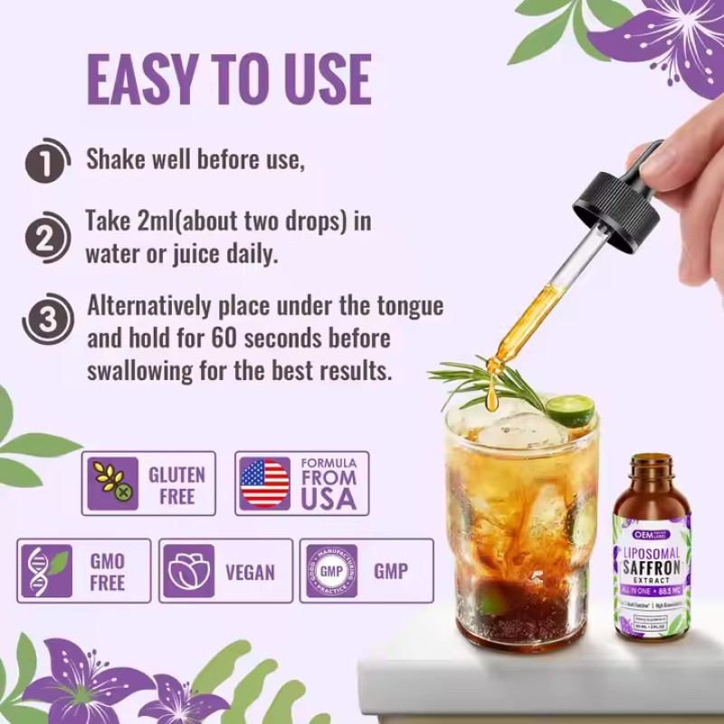 OEM Saffron Supplements Saffron Extract Liposomal Drops with Ashwagandha, Turmeric, Magnesium, Zinc, Vitamin B12 & D3 for Mood