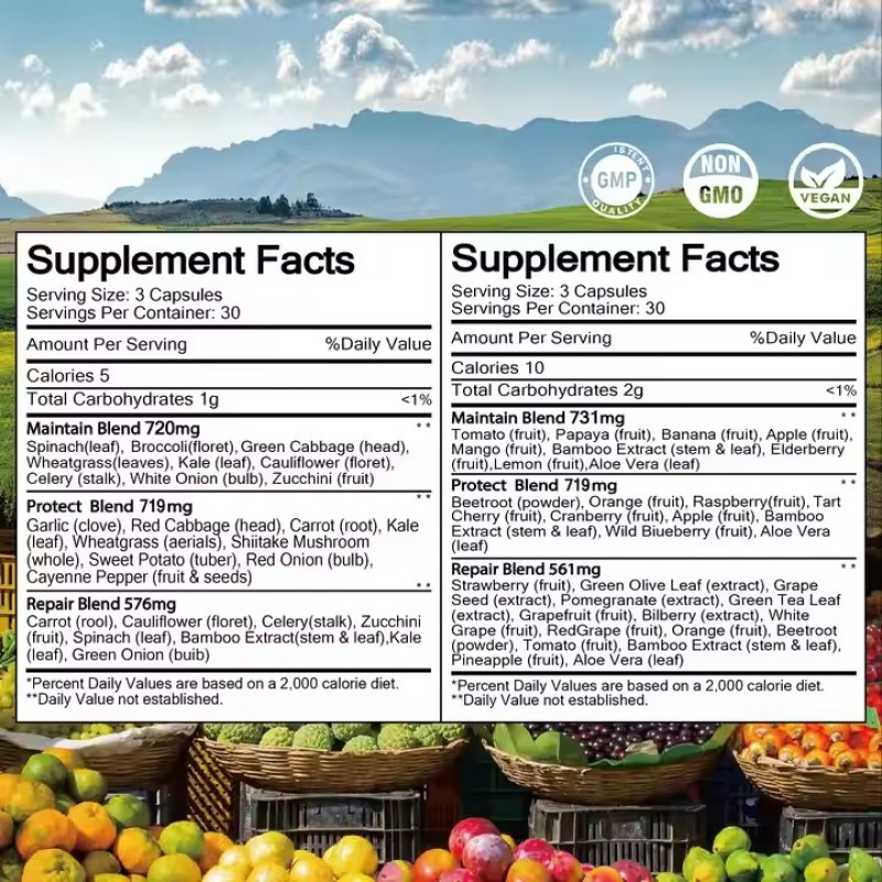 Fruit and Vegetable Food Supplement Capsules Superfood Metabolism Promotes Energy Fruit and Vegetable Powder Capsules