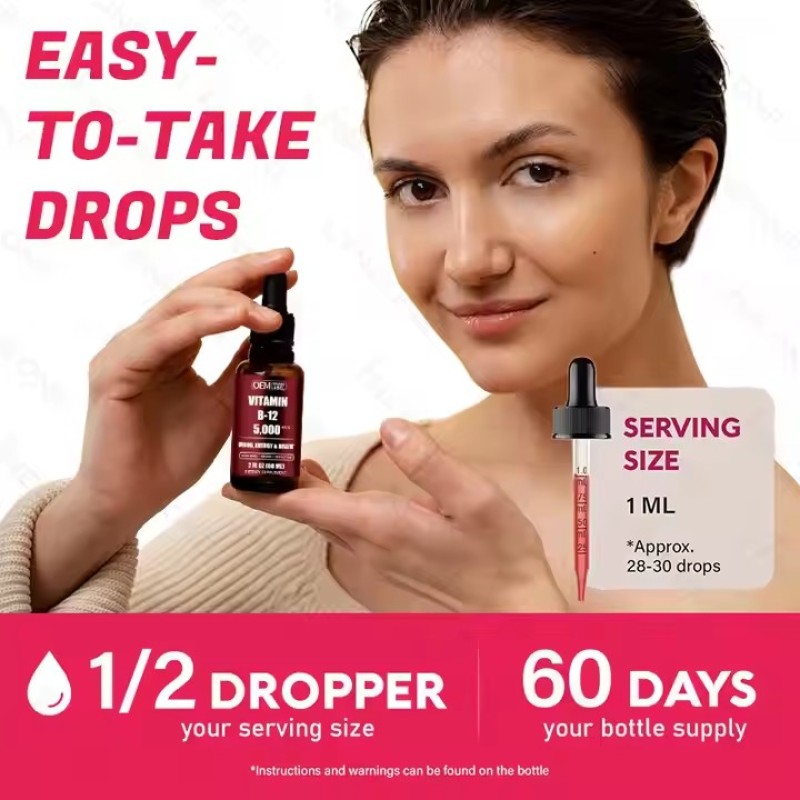 OEM/ODM Organic Sublingual Vitamin B12 Drops Vegan Liquid Methylcobalamin for Adults and Newborns High Absorption Oral Liquid