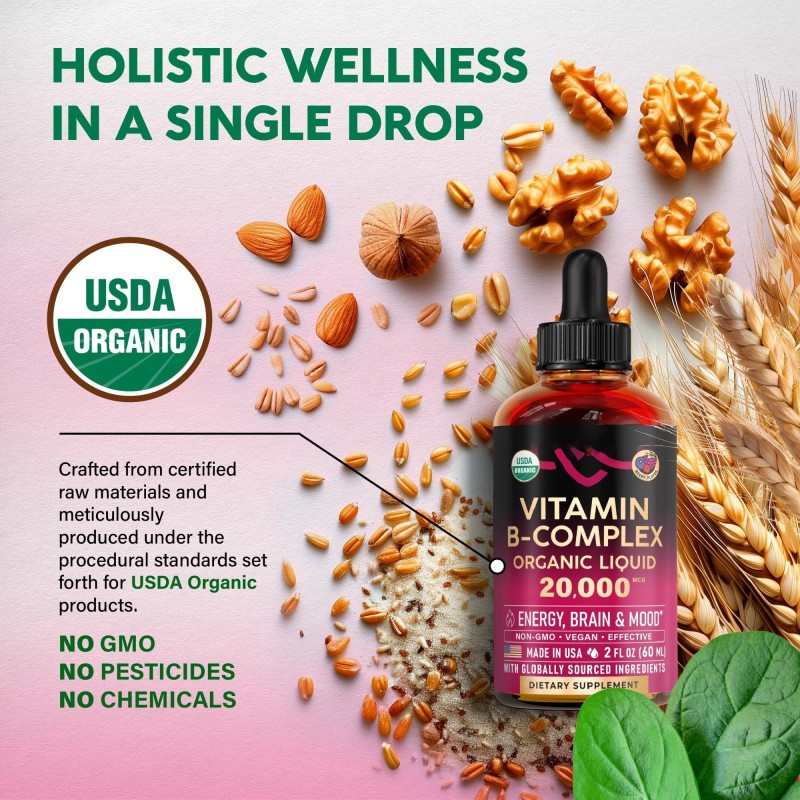 Vegan B Vitamin Liquid Drops - Non-GMO, Berry Flavor, Mood & Nerve Health Daily Supplement