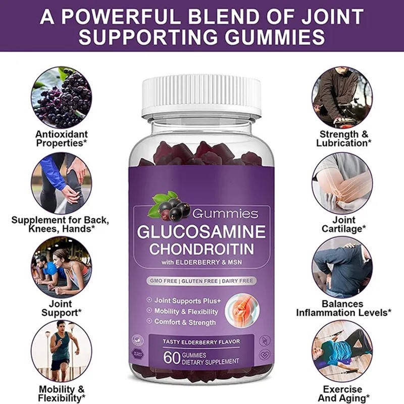 Glucosamine Chondroitin MSM Gummies with Calcium and Elderberry for Joint Support and Bone Health
