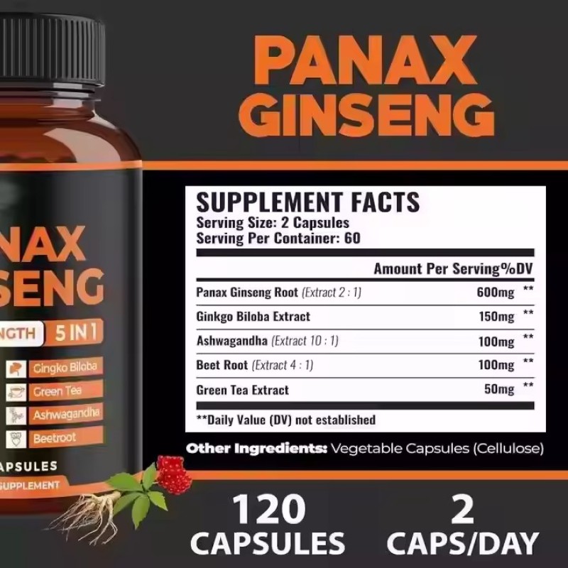 Panax Ginseng Capsules Blended with Ashwagandha, Beetroot, Green Tea Extract & Maca for Energy, Vitality
