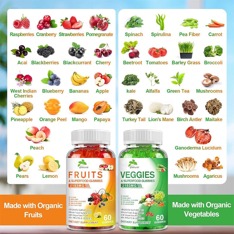 Fruit Vegetable Gummies Overall Wellness Vitamin for Adult and Vitamin Gummies for Adult and Kids Veggies Gummy