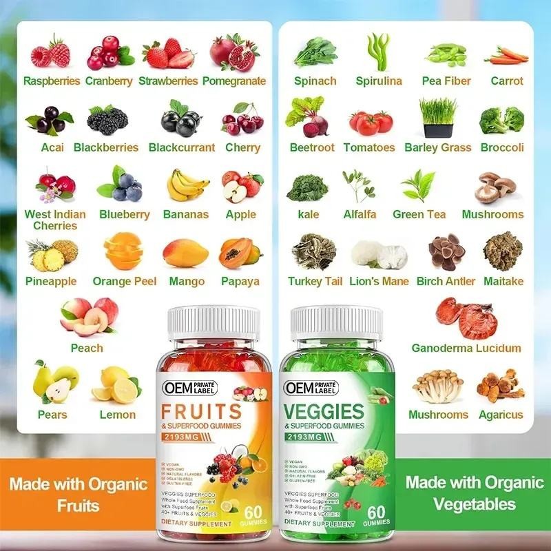 Organic Whole Food Gummies with 40+ Fruits and Veggies for Energy and Immunity Vegan Sugar-Free Supplement