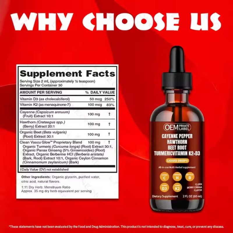 Natural Cayenne Pepper Extract Liquid Drops Applicable for Adults Supplement with Hawthorn Berry Vitamin D3 K2 BeetRoot Turmeric