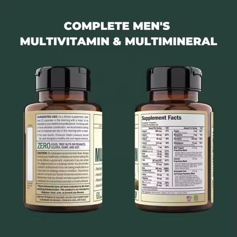 Private Label Multivitamin Capsules for Men Multivitamin Supplement Multiminerals Supplement for Energy, Focus and Performance