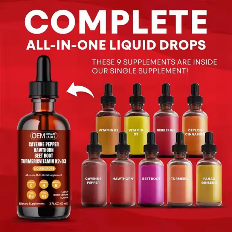 Natural Cayenne Pepper Extract Liquid Drops Applicable for Adults Supplement with Hawthorn Berry Vitamin D3 K2 BeetRoot Turmeric
