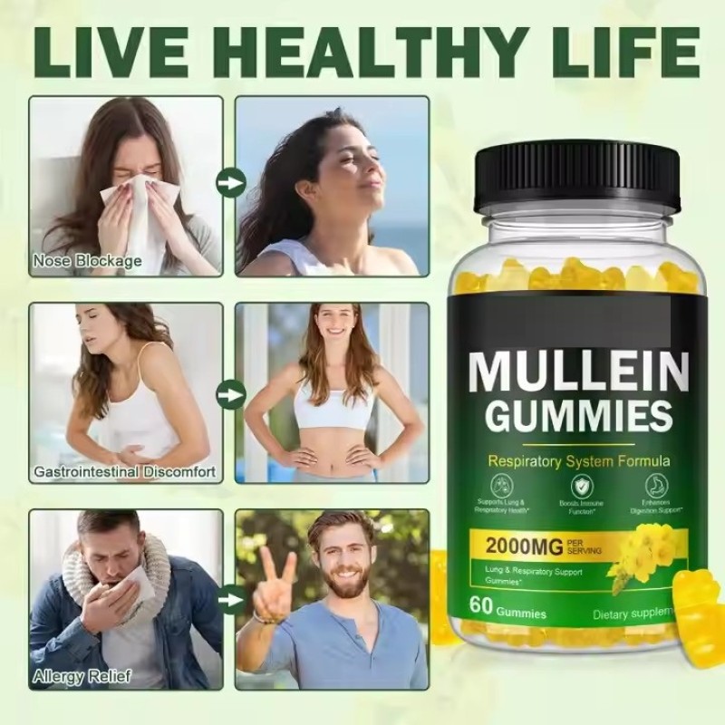 OEM Private Label Natural Mullein Extract Gummies Lung Detox Promote Digestion Supplements Health Mullein Gummies