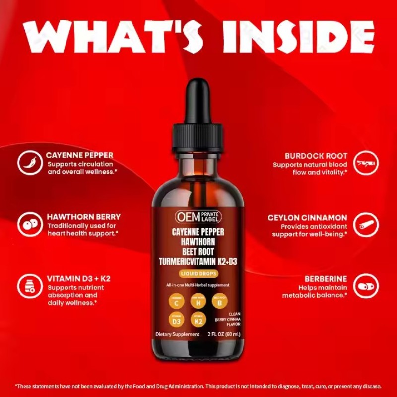 Natural Cayenne Pepper Extract Liquid Drops Applicable for Adults Supplement with Hawthorn Berry Vitamin D3 K2 BeetRoot Turmeric