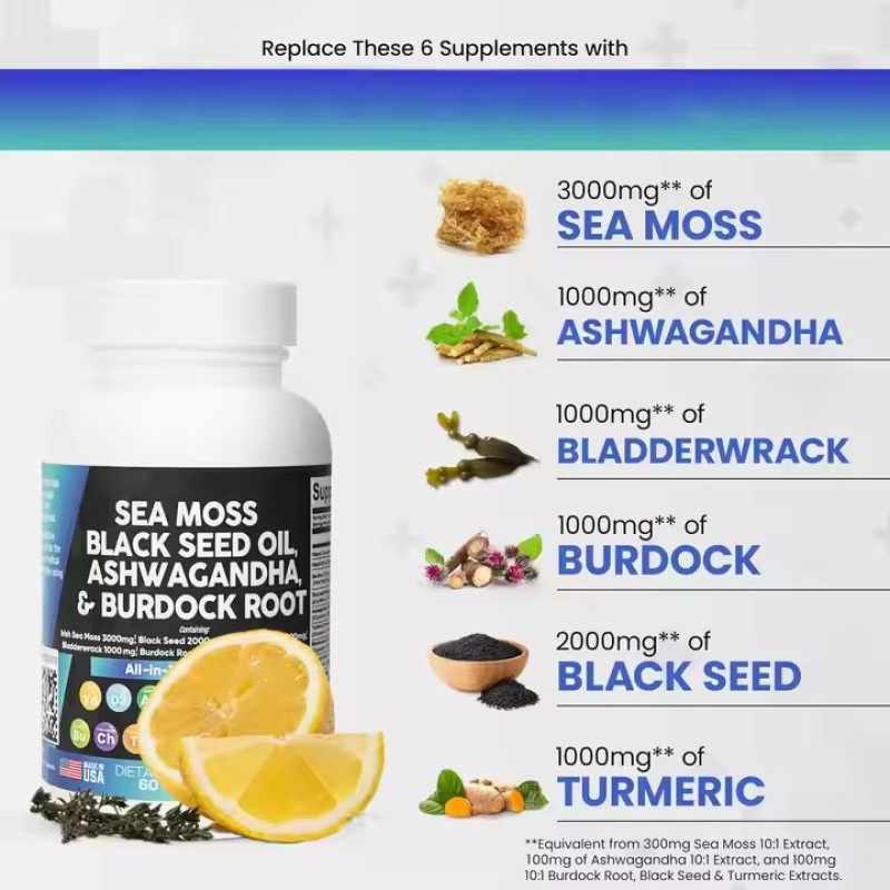 Sea Moss Capsules Black Seed Oil Ashwagandha Adult Supplements Featuring Multiple Ingredients Seaweed Extract Capsule