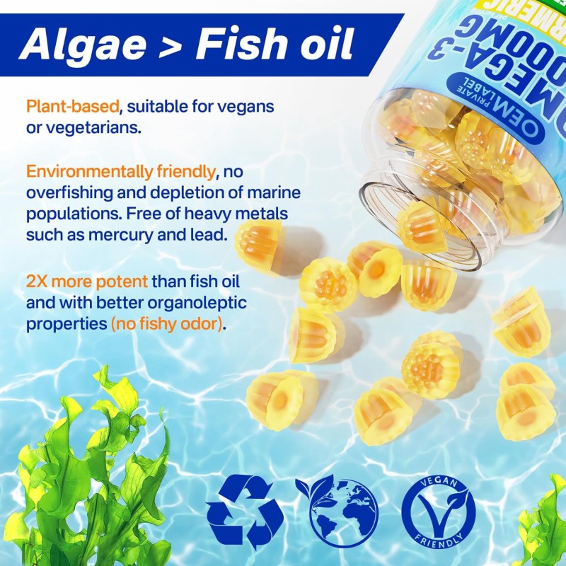 Hot Sale Private Label Vegan Omega-3 Gummies 1000mg with Algae DHA EPA, Turmeric, Zinc & Vitamins