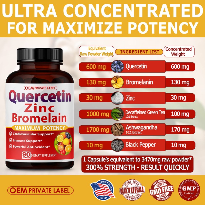 Premium High Purity Quercetin 98% with Zinc Capsules  Powerful Antioxidant for Enhanced Energy & Overall Health