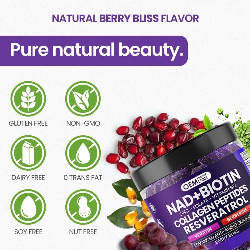 Resveratrol, Berberine, Biotin, NAD Gummy, Collagen, Zinc, Vitamin K2 & D3, Used for Hair, Skin, Nails, Joints