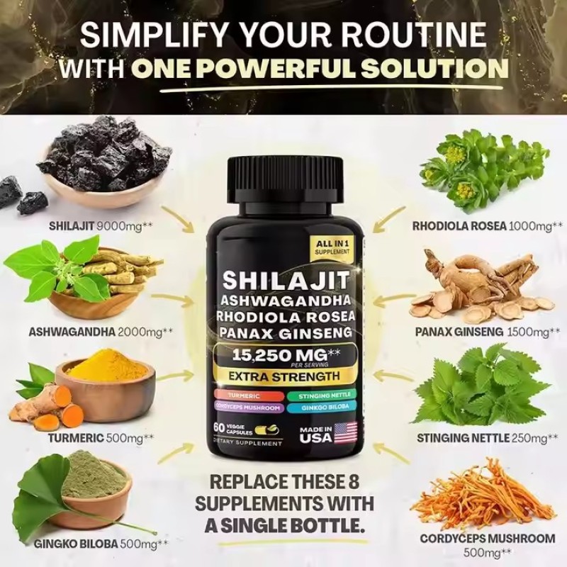 Wholesale Shilajit Ashwagandha Rhodiola Rosea Panax Ginseng Shilajit for Men and Women Pure Himalayan Shilajit 60 Capsules
