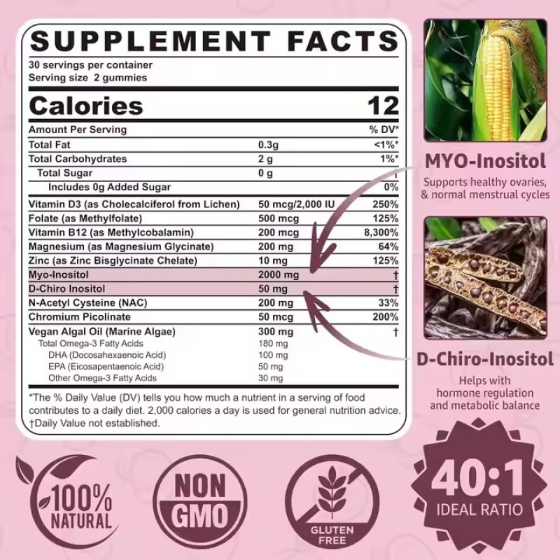 10 in 1 Myo-Inositol D-Chiro  With Vegan Omega 3 and Vitamin B12 Supplements Sugar Free Gummies for Ovarian Health