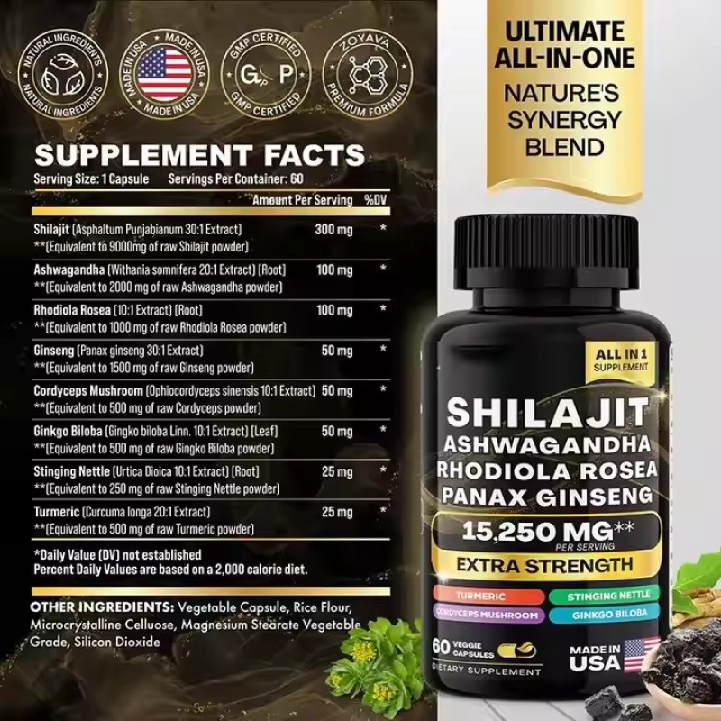 Wholesale Shilajit Ashwagandha Rhodiola Rosea Panax Ginseng Shilajit for Men and Women Pure Himalayan Shilajit 60 Capsules