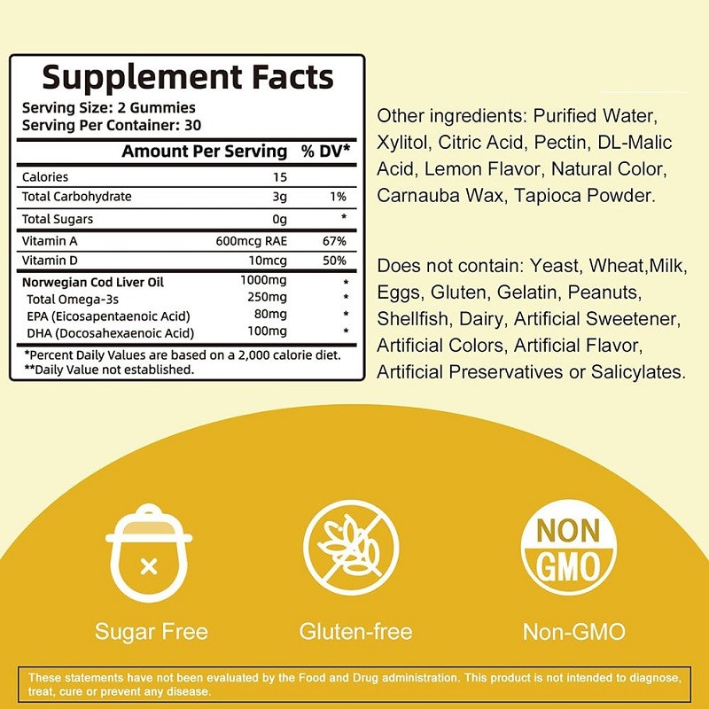 Fish Liver Oil Soft Candy Gummy Supplement to Improve Brain Cognition Eyes Skin Bones Health Antioxidant