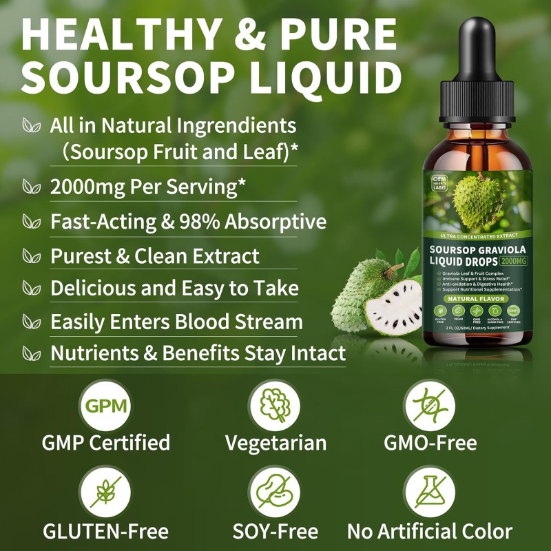 OEM Organic Graviola Liquid Extract  - Soursop Supplement for Cell Support & Regeneration