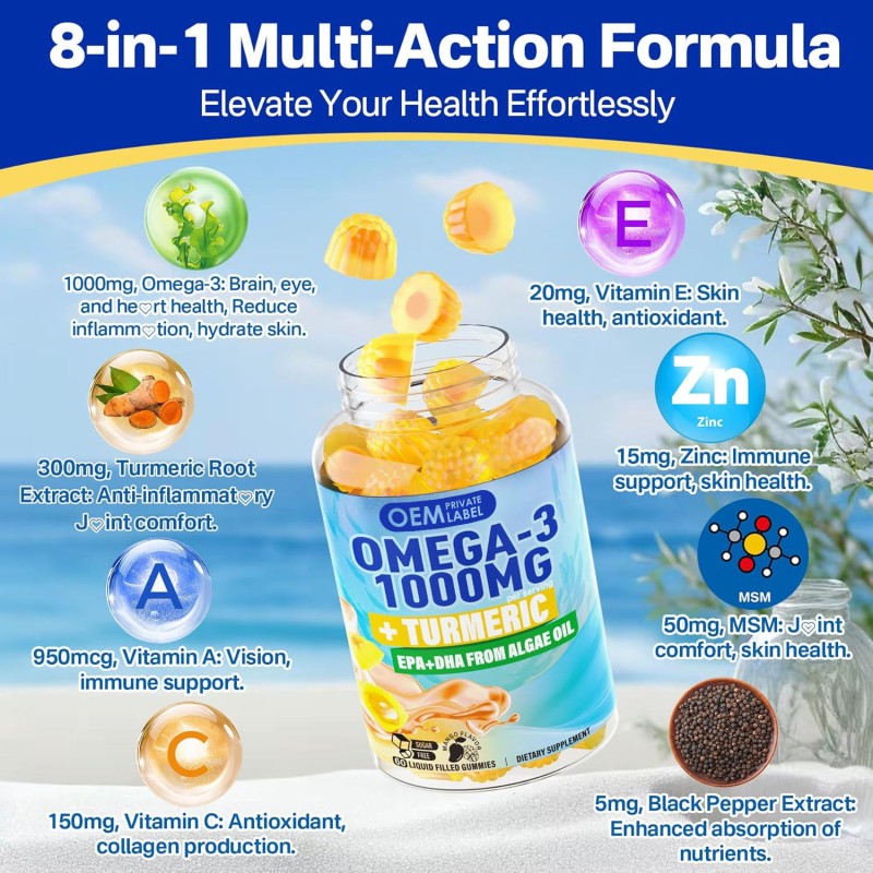 Hot Sale Private Label Vegan Omega-3 Gummies 1000mg with Algae DHA EPA, Turmeric, Zinc & Vitamins