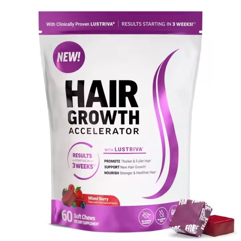 Hot-Selling Hair Growth Soft Chews with Lustriva Promote Thicker & Fuller Hair Support Hair Health Mixed Berry Flavor