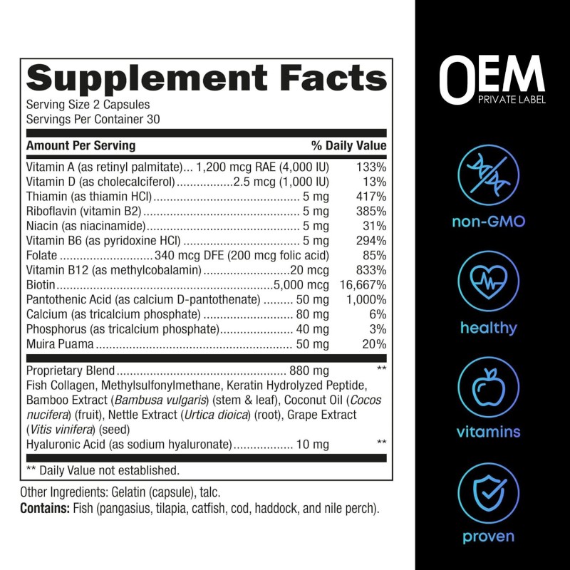 OEM/ODM Premium Collagen & Keratin Biotin Vitamins Capsules for Hair, Skin & Nail Care Herbal Collagen Supplement