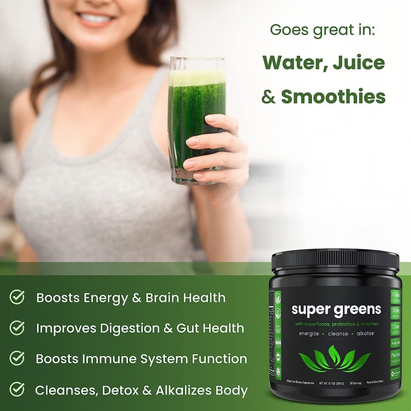 Organic Super Greens Powder with Probiotics and Digestive Enzymes for Gut Health and Energy Boost
