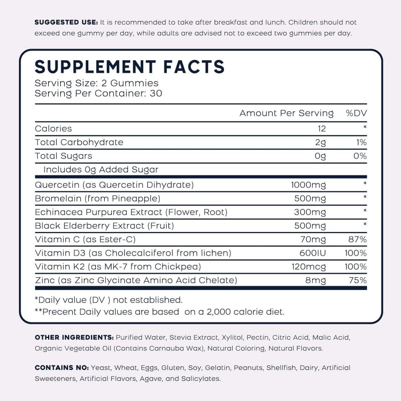 OEM 1000mg Quercetin Gummies with Bromelain, Zinc, Elderberry, Vitamin C, D3 & K2 for Cardiovascular Health