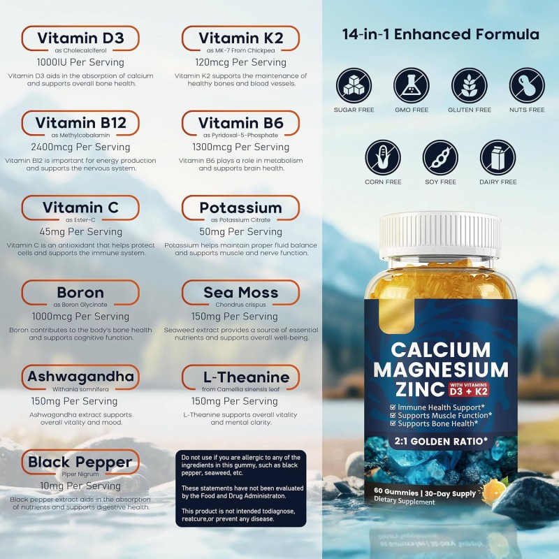 Premium Bone and Muscle Support Gummies Calcium Magnesium Zinc with Vitamin D3 & K2 Vitamins Supplement
