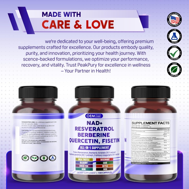 OEM Premium NAD+ Supplement with Trans Resveratrol, Berberine, Quercetin, Fisetin, and Milk Thistle for Enhanced Cellular Health