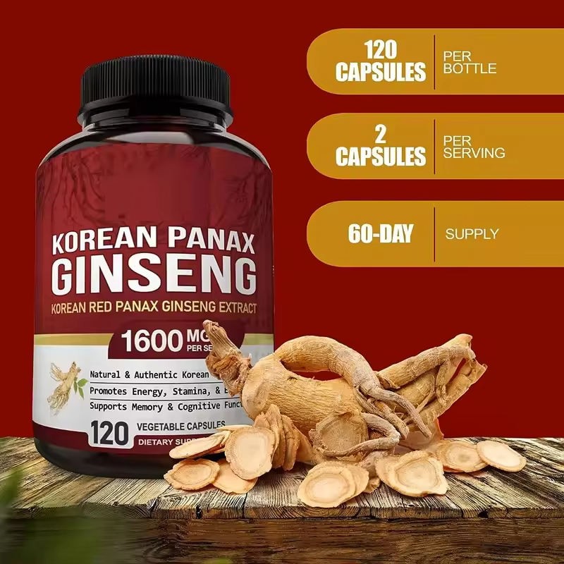 OEM/ODM Hot Sale Red Panax Ginseng Capsules with Ashwagandha, Beetroot, Green Tea Extract Maca Supplements Energy Capsules