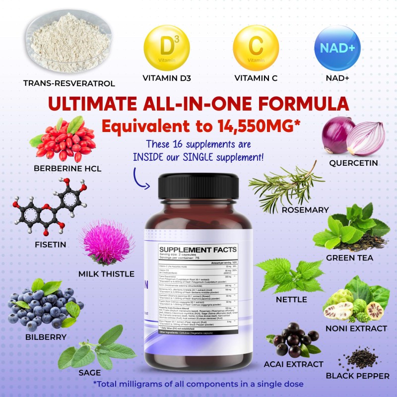 OEM Premium NAD+ Supplement with Trans Resveratrol, Berberine, Quercetin, Fisetin, and Milk Thistle for Enhanced Cellular Health