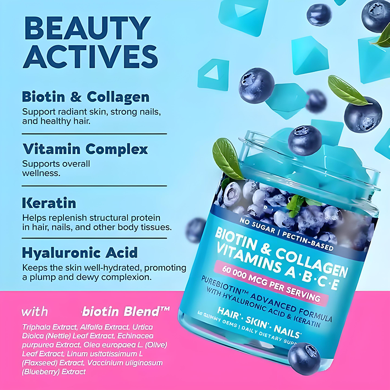Vitamin B1 Gummy with Biotin and Collagen Hydrolyzed Herbal Food Supplement for Skin Hydration in Adults