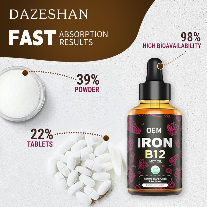 Iron & Vitamin B12 Liquid Drops with MCT Oil - 98% Absorption, Anemia Relief for Adult Daily Nutrition