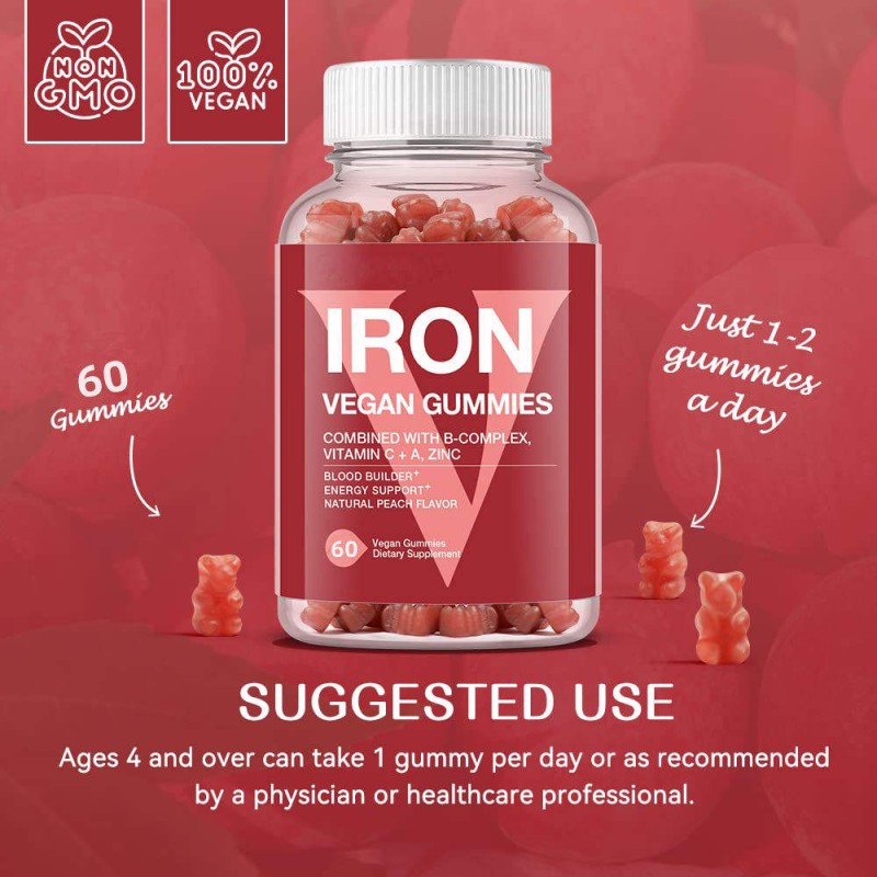 Premium Iron Gummies with Vitamin C for Energy and Blood Health Vegan Supplement 60 Gummies