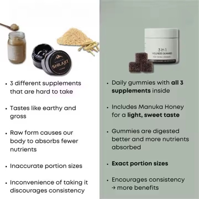 Herbal Extract Male Balance Gummy Health 3 in 1 Shilajit Gummy with Seaweed and Ashwagandha Natural Energy Vitality Support