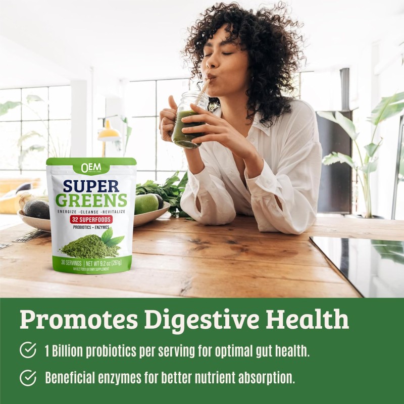 OEM Super Greens Probiotics Enzymes Powder Detox Greens Vitamins with Chlorella and Ashwagandha for Digestion