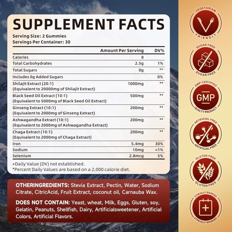 OEM Vegan Private Label Organic Shilajit Gummies with Pure Gold Shilajit and Zinc for Enhanced Vitality