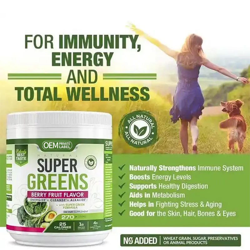 Super Green Powder with Spirulina, Chlorella & Beetroot - Digestive Enzymes & Probiotics for Gut Health