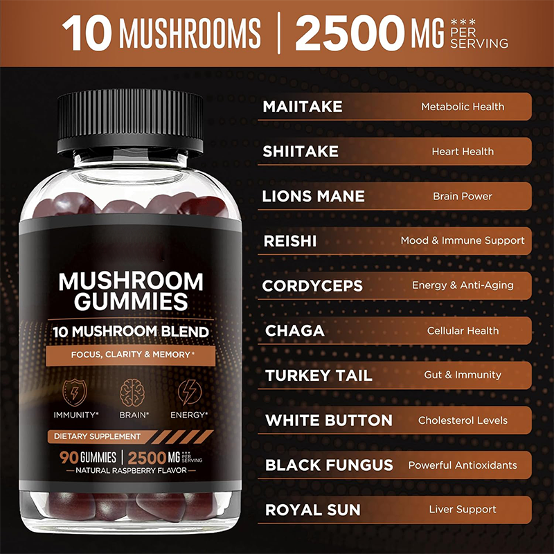 Mushroom Gummy Focus Memory Supplement Immune Support Brain Enhancement Vitamin for Men and Women