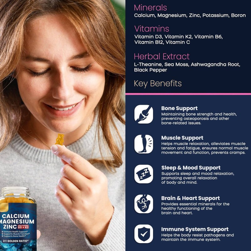Premium Bone and Muscle Support Gummies Calcium Magnesium Zinc with Vitamin D3 & K2 Vitamins Supplement