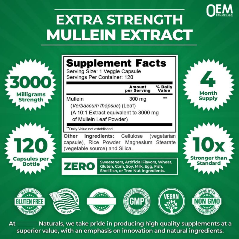Private Label Pure Mullein Leaf Capsules - Supports Respiratory Health - Private Label Mullein Supplement