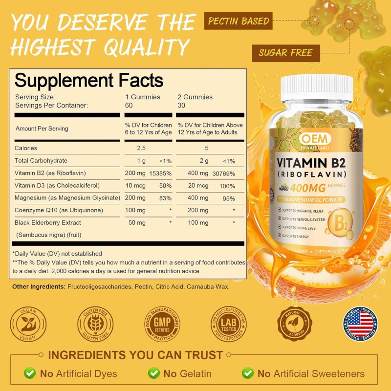 OEM Riboflavin Gummies with Magnesium Glycinate, COQ10, and Elderberry for Skin and Nervous System Support