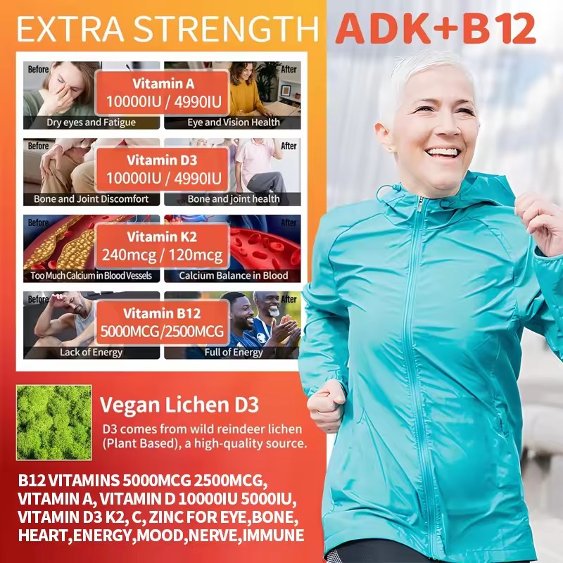 Halal Sugar-Free Vitamin ADK+B12 Gummies 60Pcs - 5000IU D3 & 2500mcg B12 for Vision & Bone