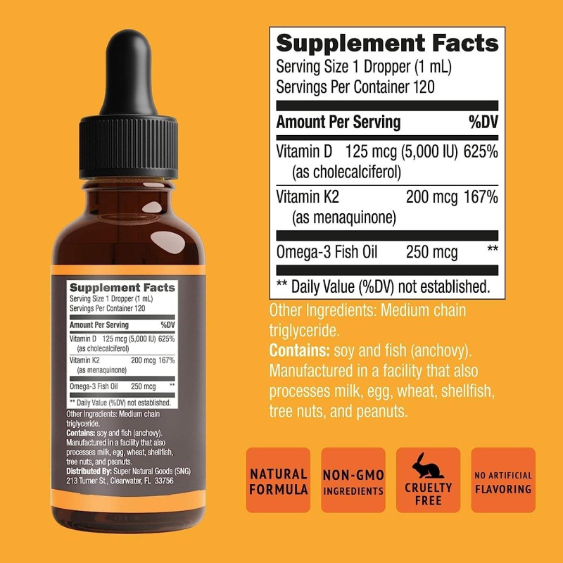 High Potency Vitamin D3 & K2 Liquid Drops 5000 IU - Bone Density & Immune Support with Rapid Absorption Liposomal Formula
