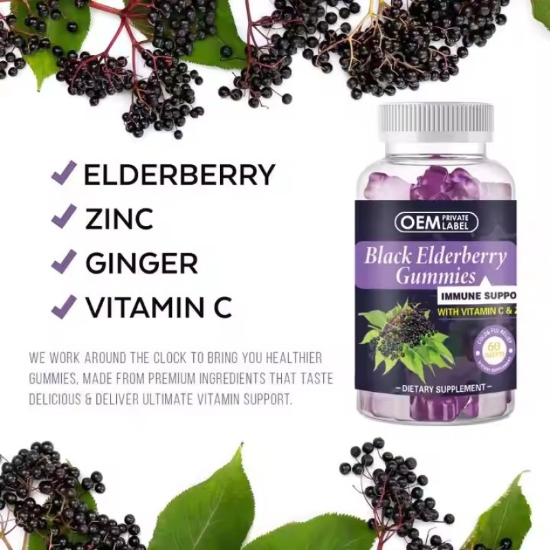 Black Elderberry Gummy Candy Natural Immune Booster and Intestinal Health Support for Children and Adults Vitamin c Zinc