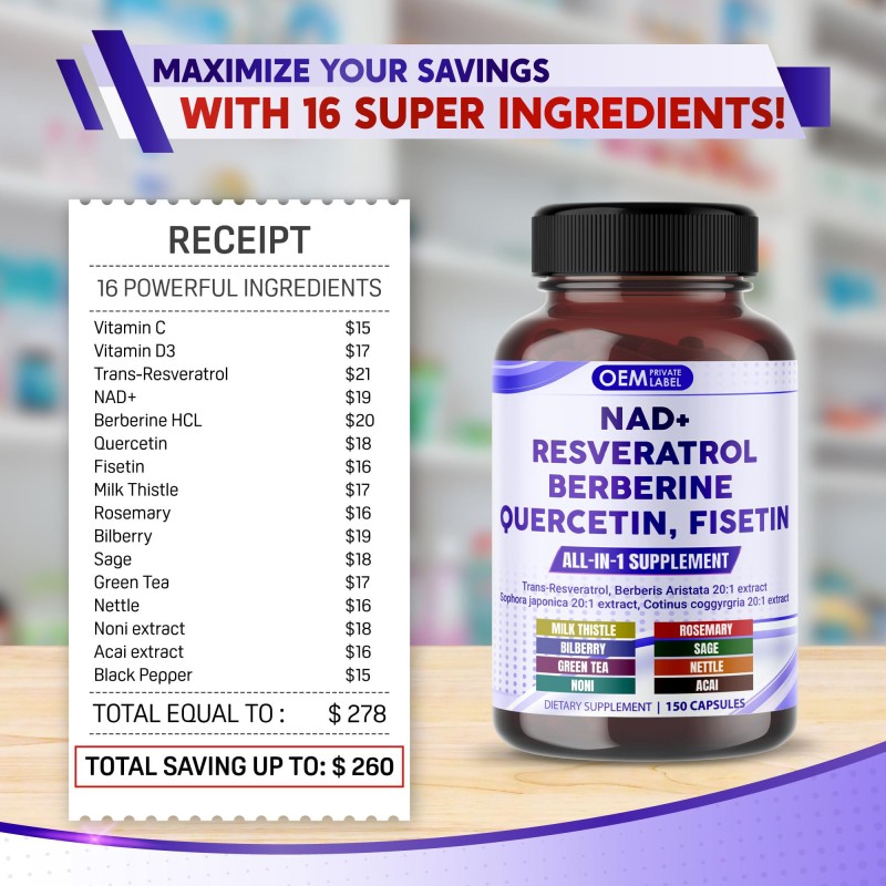 OEM Premium NAD+ Supplement with Trans Resveratrol, Berberine, Quercetin, Fisetin, and Milk Thistle for Enhanced Cellular Health