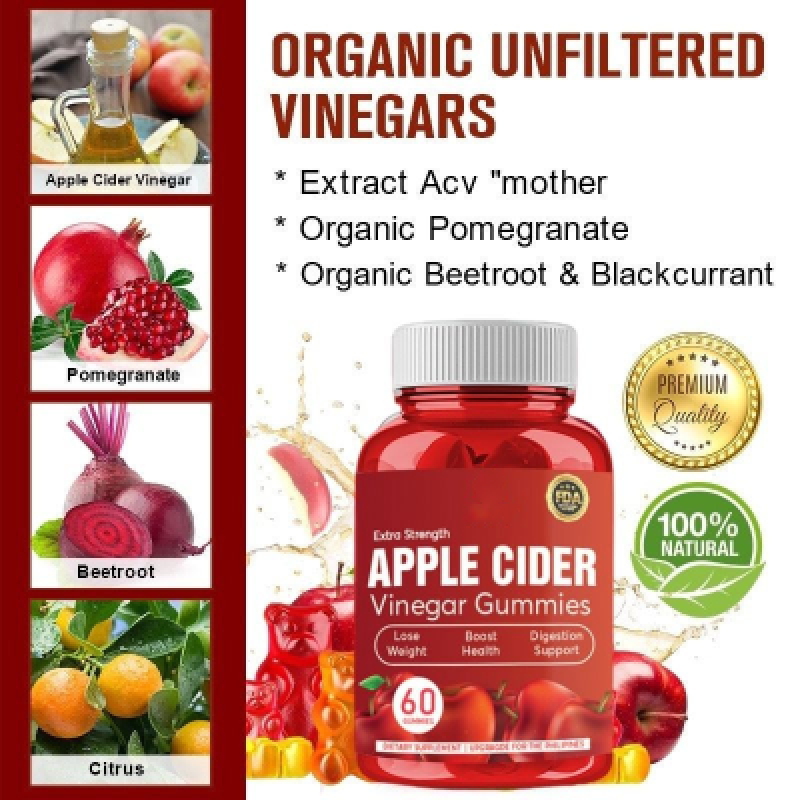Apple Cider Vinegar Gummies With Vitamin B12 and Folic Acid for Detox Energy and Gut Health Vegan 60 Gummies