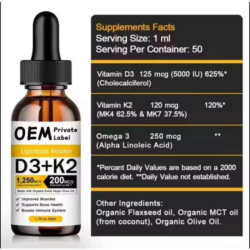 Organic Vitamin D3 K2 Drops MCT Oil Omega 3 Liquid Multivitamin Supplement for Adults and Children Fast Energy Supply